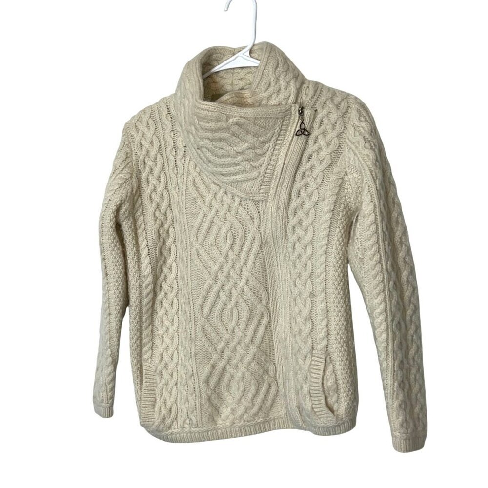 Aran Sweater Market XS 100% Merino Wool Cable Knit Cream Turtleneck Sweater - Picture 2 of 8